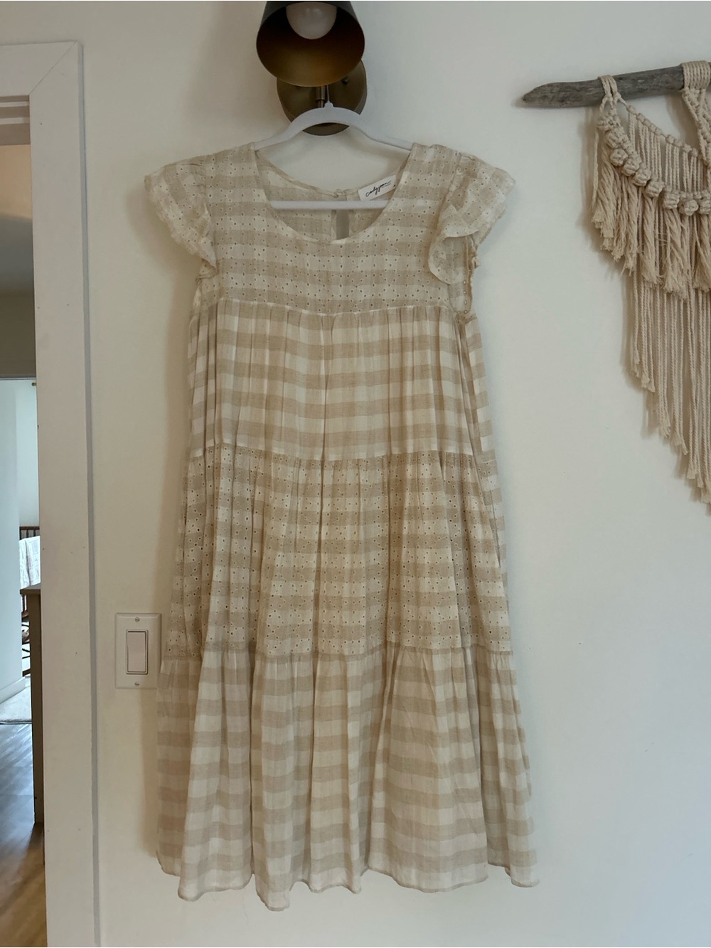 Carly Jean Los Angeles Beige Plaid Tiered Eyelet Dress